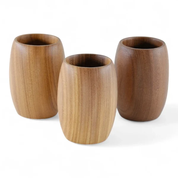 Afromosia bardak seti doku detayı, African Teak damar deseni, doğal ahşap bardak.