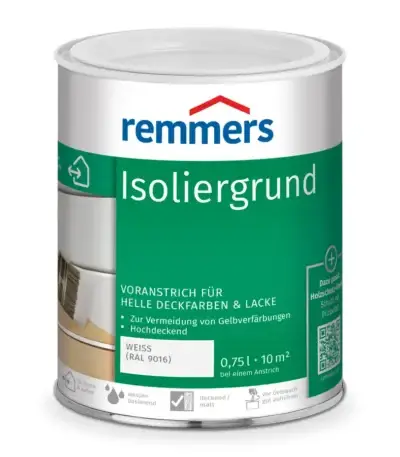 Remmers Isoliergrund su bazlı beyaz izolasyon astarı, iç ve dış mekân ahşap koruyucu.