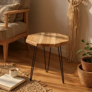 Ceviz Ahşap Yan Sehpa – 50 cm Genişlik | Metal Ayaklı, Kahve ve Servis Sehpası