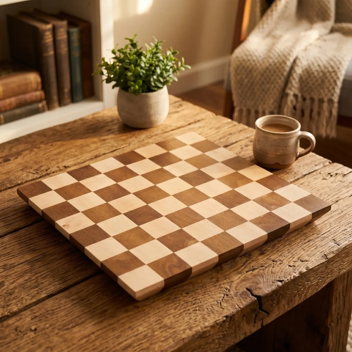Ceviz ve akçaağaç end-grain satranç tahtası, ahşap sehpa üzerinde sıcak salon ortamında lifestyle çekim